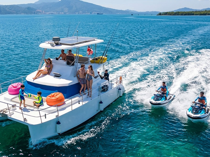 Charter catamaran on the open sea