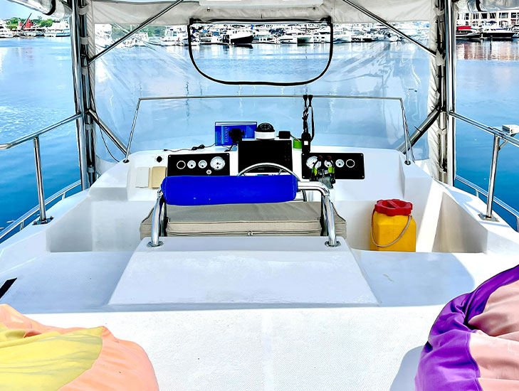 Flybridge helm of the 38ft. Catamaran
