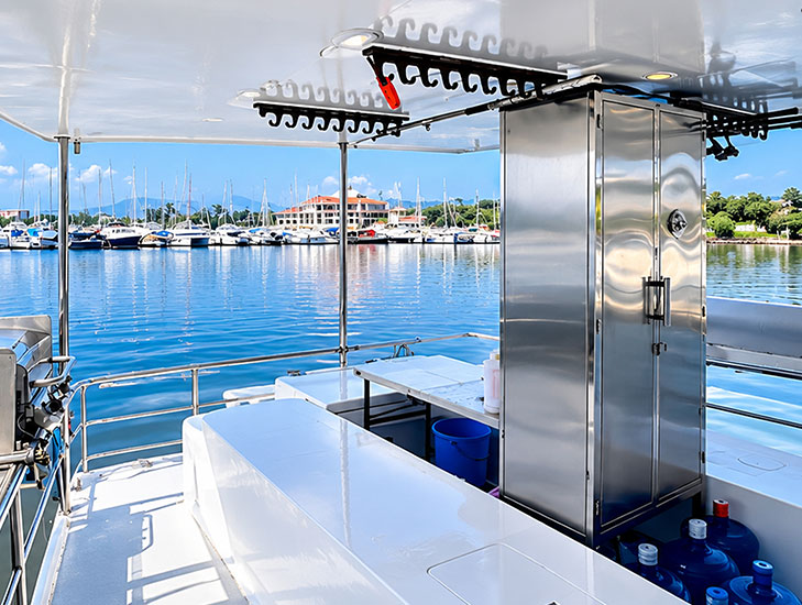 Open deck with griller on the 72ft. Trimaran